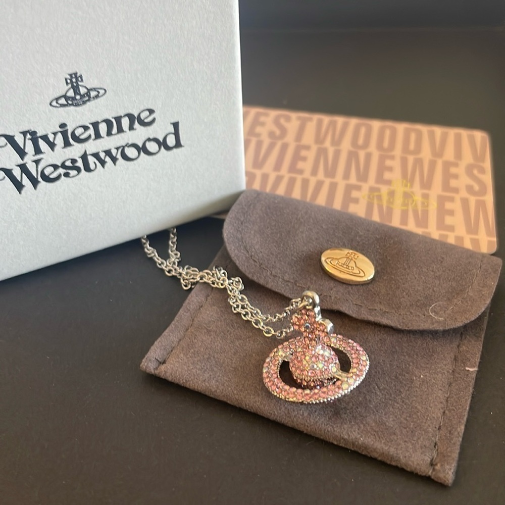 Vivienne Westwood Pink Crystal Orb Necklace Saturn Pendant With Box